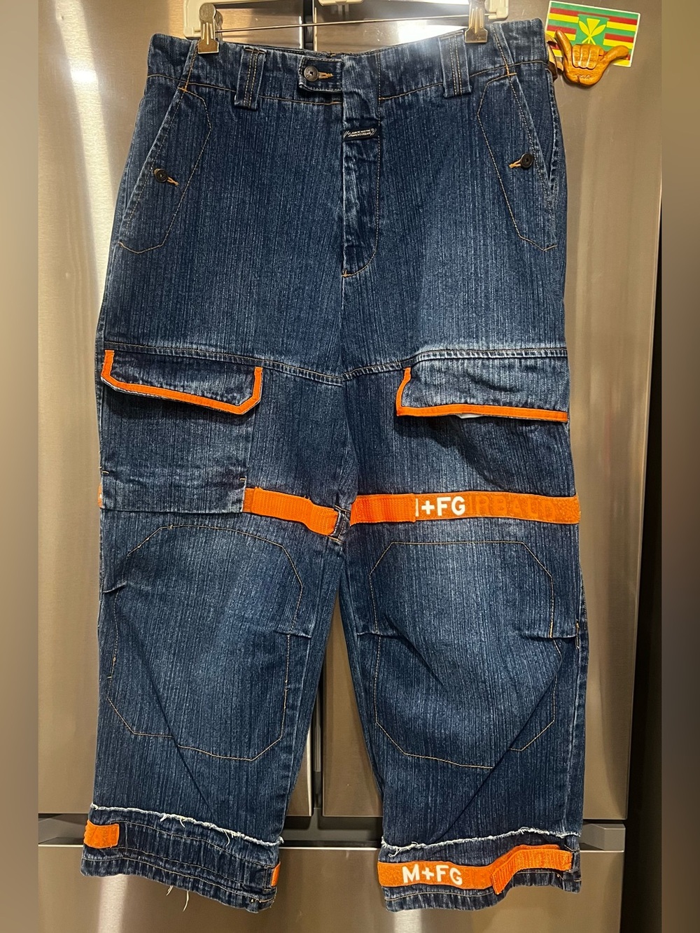 Marithe Francois Girbaud Dark Blue Denim Cargo Pants with Orange Trim